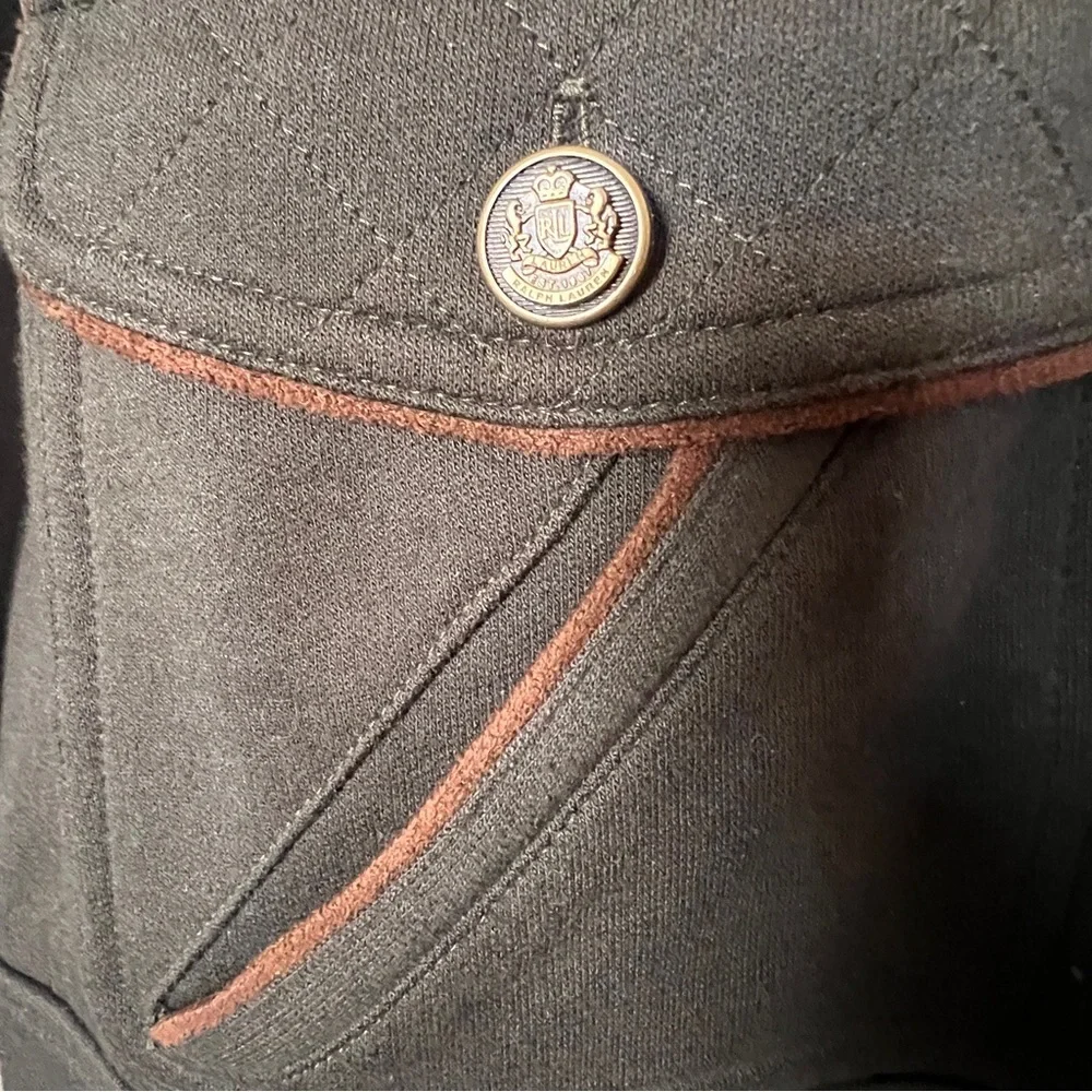 Ralph Lauren 100% Cotton Olive Knit Jacket, Brass Details - Size Petite Medium